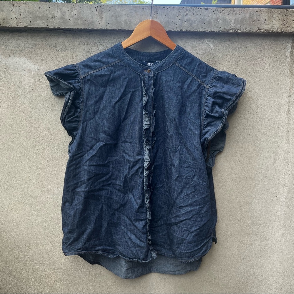 Chaps Indigo Women's Denim Ruffle Cap Sleeve Top Size 2XL